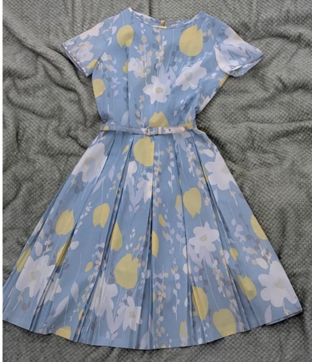 Vintage 50s Floral Pleated Day Dress Belted Cottagecore Blue Toni Todd 10